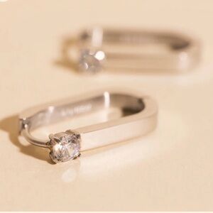 Oh Clem Single Crystal Oblong Huggie Hoop Earrings, Silver - Waterproof / NIB